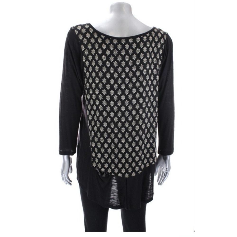 Lucky Brand Women's Shirt High Low Print 3/4 Sleeve Tunic‎ Back Slit Top Medium